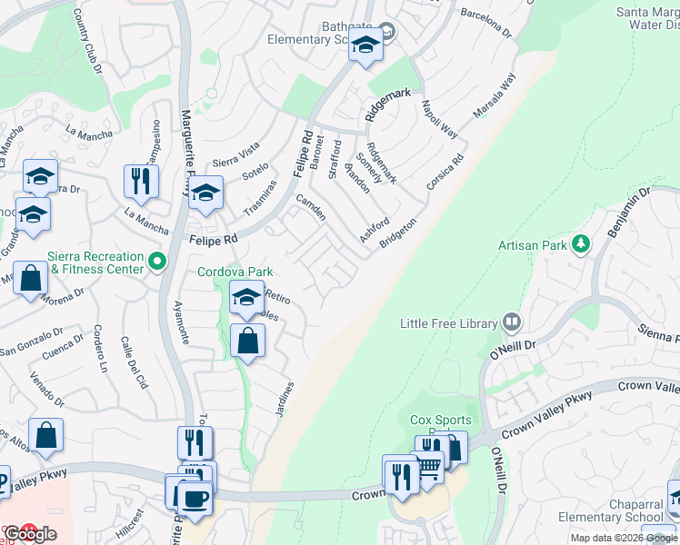 map of restaurants, bars, coffee shops, grocery stores, and more near 26931 Begonia Place in Mission Viejo
