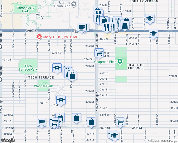 map of restaurants, bars, coffee shops, grocery stores, and more near 2521 25th Street in Lubbock