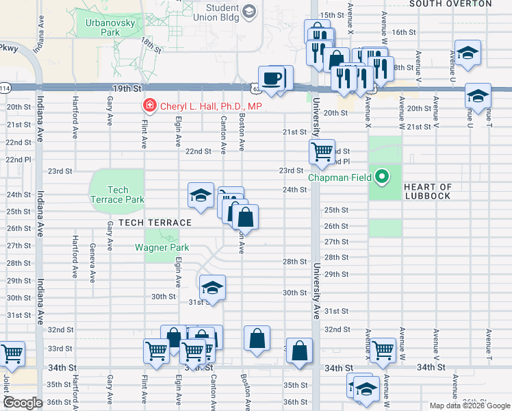 map of restaurants, bars, coffee shops, grocery stores, and more near 2617 25th Street in Lubbock