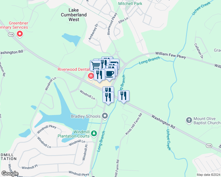 map of restaurants, bars, coffee shops, grocery stores, and more near 5116 Riverwood Parkway in Evans