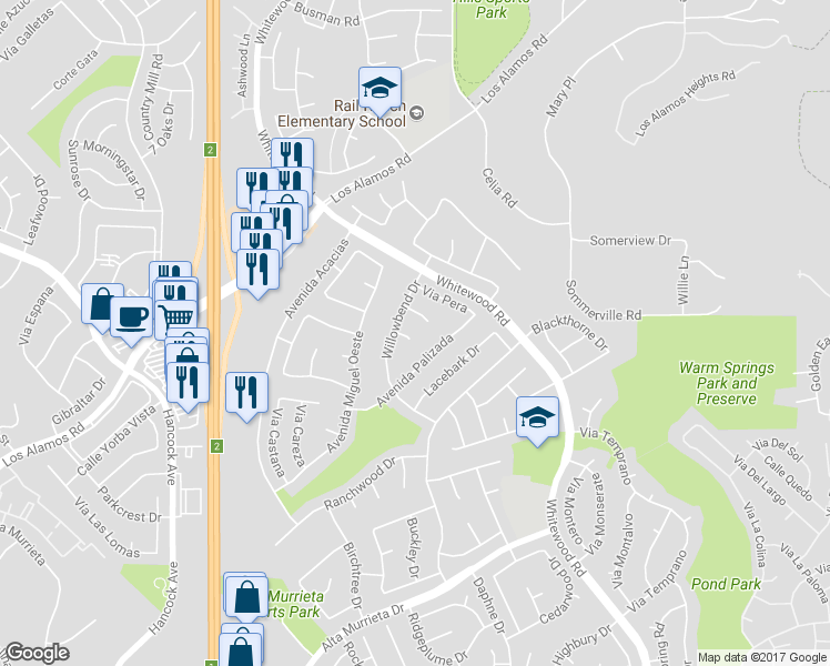 map of restaurants, bars, coffee shops, grocery stores, and more near 25220 Corte Sur in Murrieta