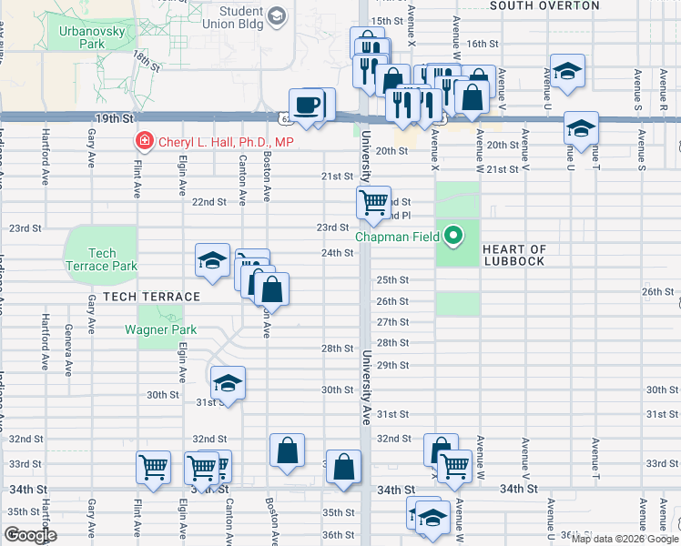 map of restaurants, bars, coffee shops, grocery stores, and more near 2514 25th Street in Lubbock