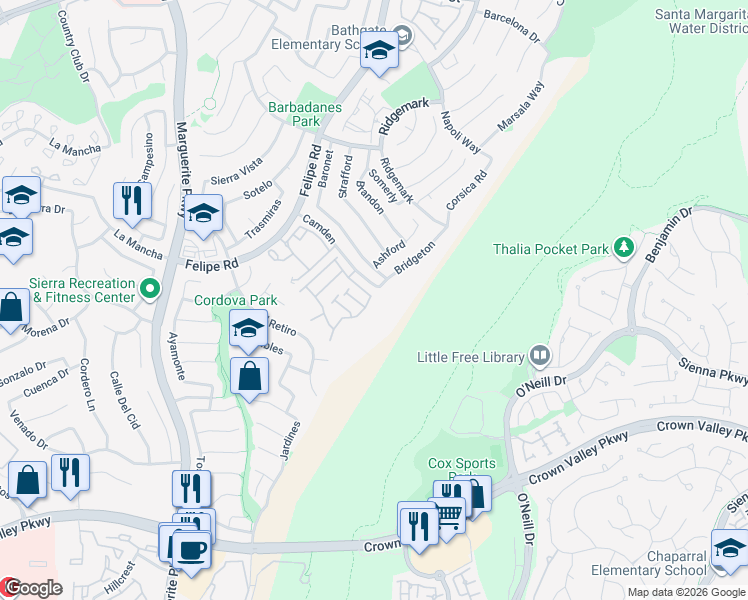 map of restaurants, bars, coffee shops, grocery stores, and more near 27546 Jasmine Avenue in Mission Viejo