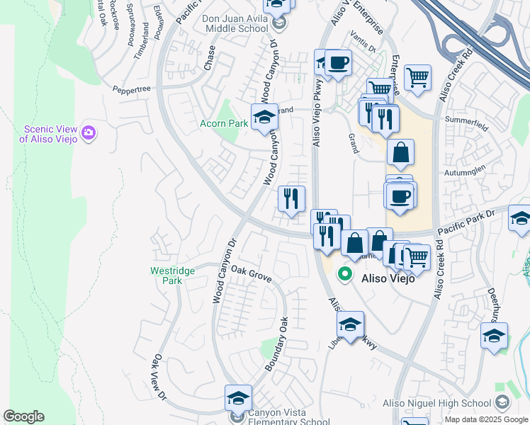 map of restaurants, bars, coffee shops, grocery stores, and more near 96 Plateau in Aliso Viejo