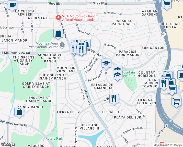 map of restaurants, bars, coffee shops, grocery stores, and more near 9406 North 83rd Court in Scottsdale