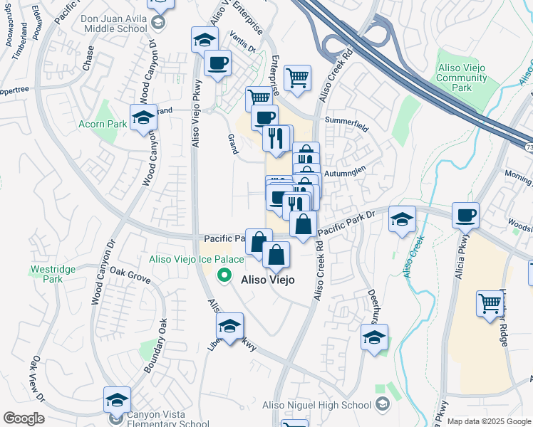 map of restaurants, bars, coffee shops, grocery stores, and more near 2207 CIty Lights Drive in Aliso Viejo