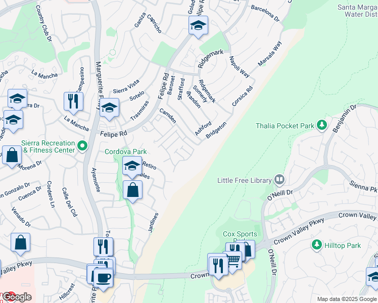 map of restaurants, bars, coffee shops, grocery stores, and more near 26926 Poppy Place in Mission Viejo