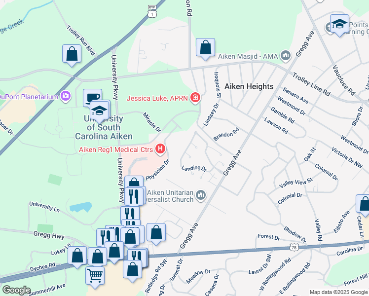 map of restaurants, bars, coffee shops, grocery stores, and more near 506 Landing Drive in Aiken