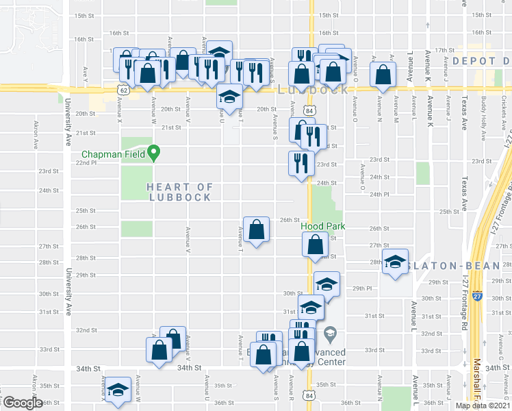 map of restaurants, bars, coffee shops, grocery stores, and more near 1918 26th Street in Lubbock
