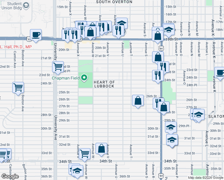 map of restaurants, bars, coffee shops, grocery stores, and more near 2114 26th Street in Lubbock