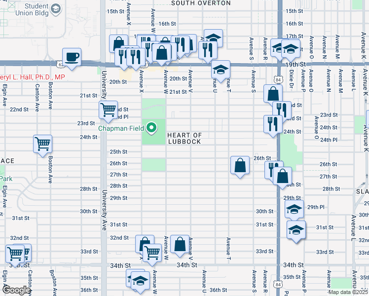 map of restaurants, bars, coffee shops, grocery stores, and more near 2208 26th Street in Lubbock
