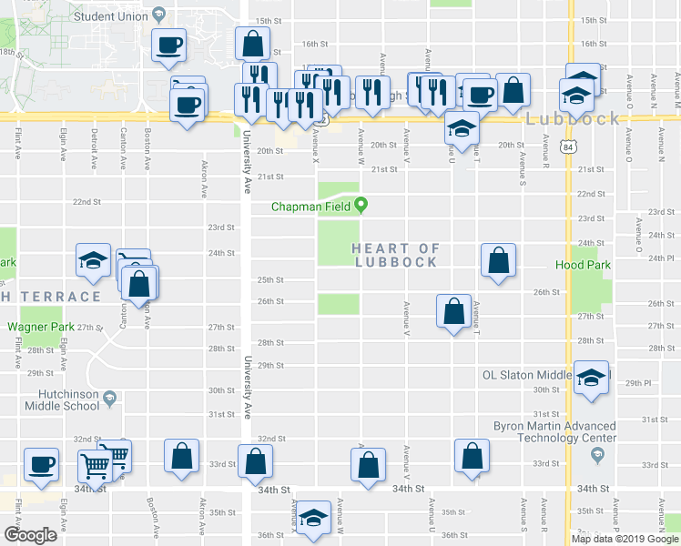 map of restaurants, bars, coffee shops, grocery stores, and more near 2313 25th Street in Lubbock