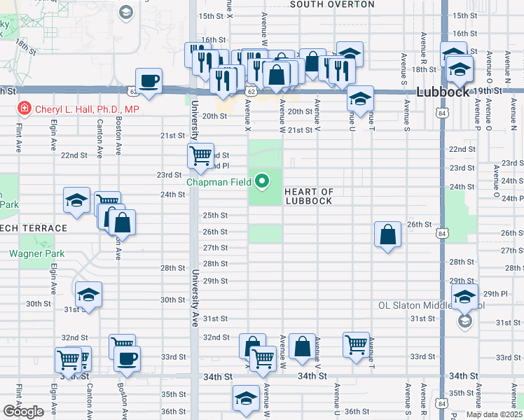 map of restaurants, bars, coffee shops, grocery stores, and more near 2313 25th Street in Lubbock