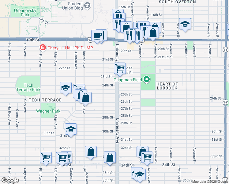 map of restaurants, bars, coffee shops, grocery stores, and more near 2505 25th Street in Lubbock