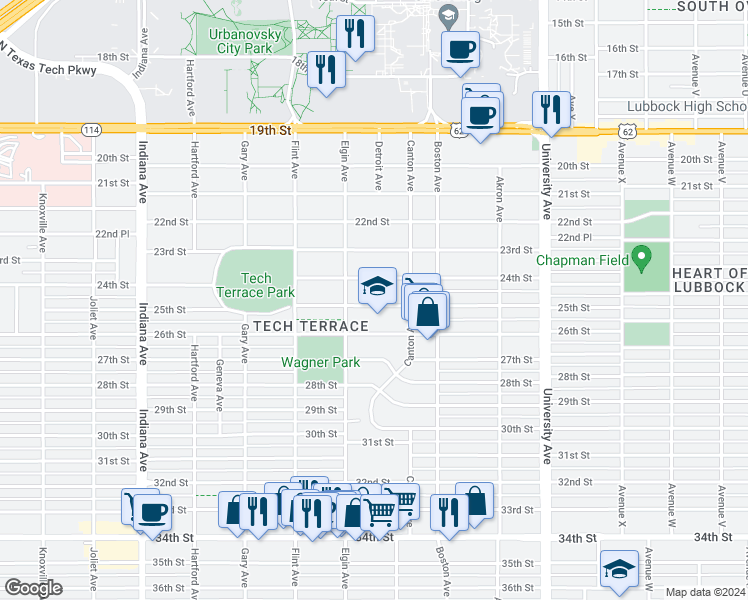map of restaurants, bars, coffee shops, grocery stores, and more near 2826 25th Street in Lubbock