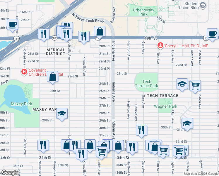 map of restaurants, bars, coffee shops, grocery stores, and more near 3412 25th Street in Lubbock