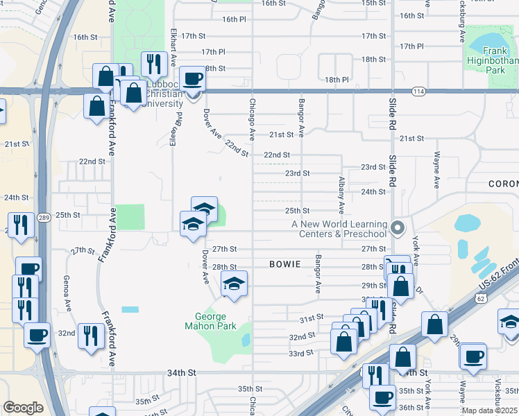 map of restaurants, bars, coffee shops, grocery stores, and more near 5427 25th Street in Lubbock