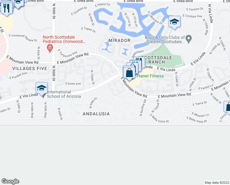 map of restaurants, bars, coffee shops, grocery stores, and more near 10115 East Mountain View Road in Scottsdale
