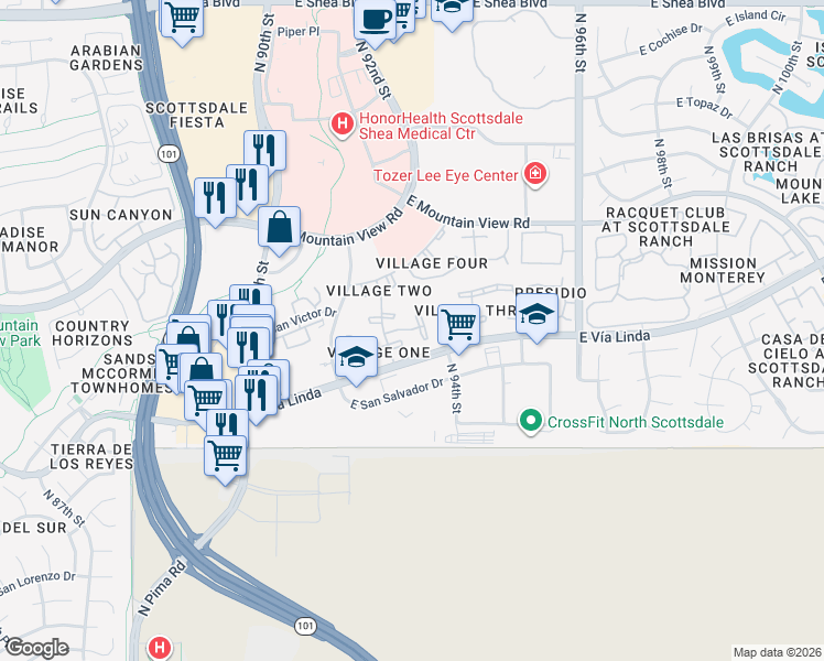 map of restaurants, bars, coffee shops, grocery stores, and more near 9345 North 92nd Street in Scottsdale