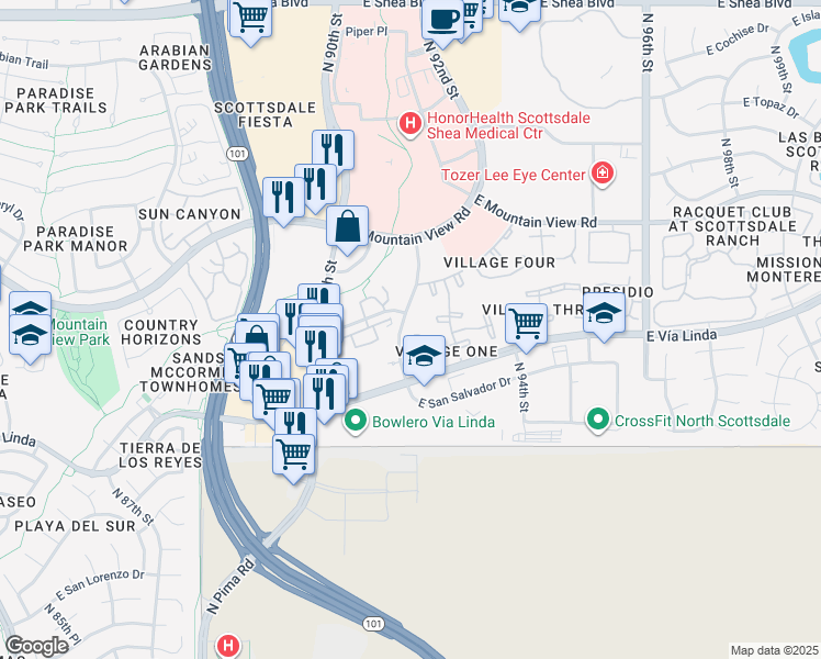 map of restaurants, bars, coffee shops, grocery stores, and more near 9355 North 91st Street in Scottsdale