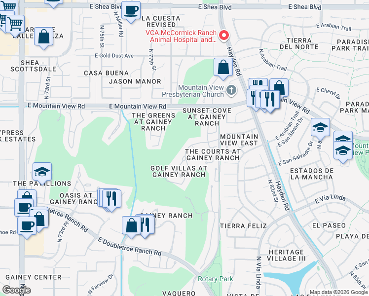 map of restaurants, bars, coffee shops, grocery stores, and more near 7740 East Gainey Ranch Road in Scottsdale