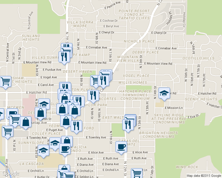 map of restaurants, bars, coffee shops, grocery stores, and more near 9413 North Cave Creek Road in Phoenix
