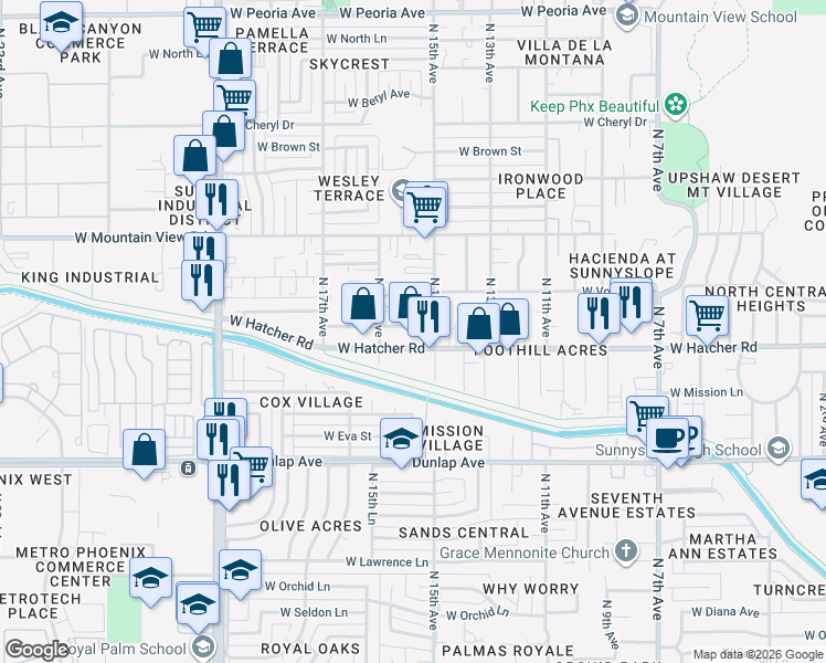 map of restaurants, bars, coffee shops, grocery stores, and more near 1514 West Hatcher Road in Phoenix