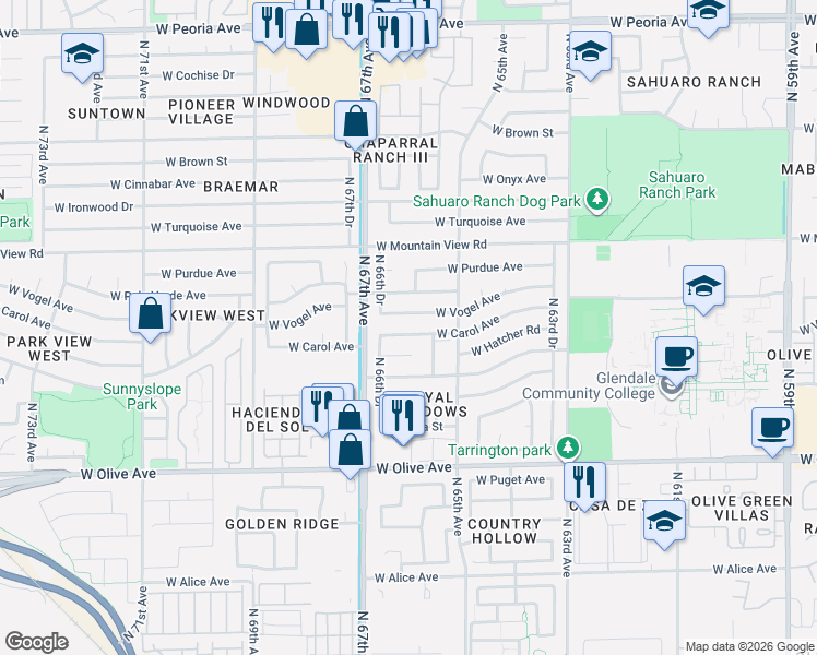 map of restaurants, bars, coffee shops, grocery stores, and more near 6609 West Carol Avenue in Glendale