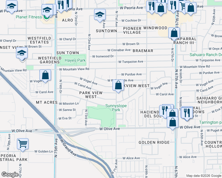 map of restaurants, bars, coffee shops, grocery stores, and more near 7108 West Carol Avenue in Peoria
