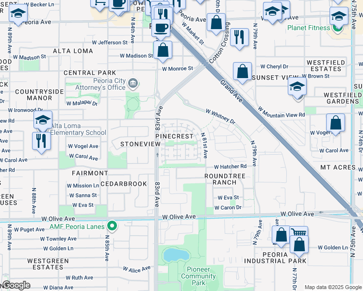 map of restaurants, bars, coffee shops, grocery stores, and more near 9590 North 82nd Lane in Peoria