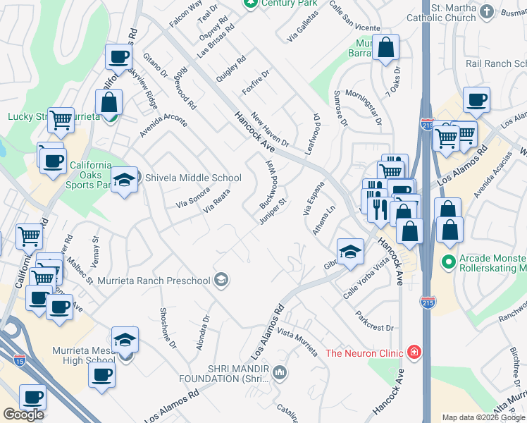 map of restaurants, bars, coffee shops, grocery stores, and more near 40204 Buckwood Way in Murrieta