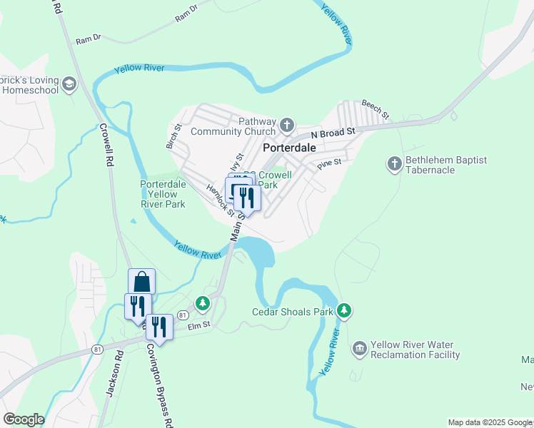 map of restaurants, bars, coffee shops, grocery stores, and more near 2 Poplar Street in Porterdale