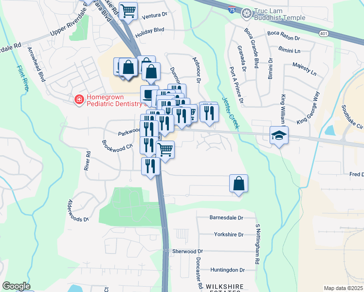 map of restaurants, bars, coffee shops, grocery stores, and more near 6692 Tara Boulevard in Jonesboro