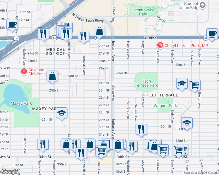 map of restaurants, bars, coffee shops, grocery stores, and more near 3412 25th Street in Lubbock