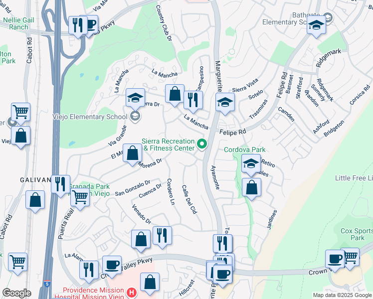 map of restaurants, bars, coffee shops, grocery stores, and more near 26901 La Sierra Drive in Mission Viejo