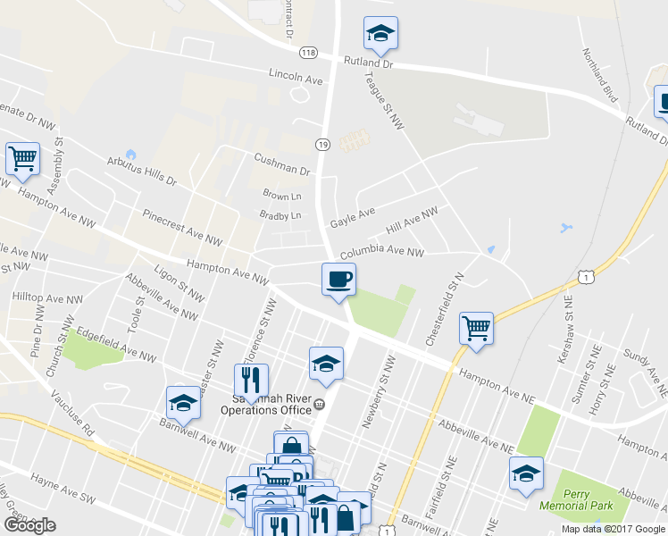 map of restaurants, bars, coffee shops, grocery stores, and more near Laurens Street Northwest in Aiken