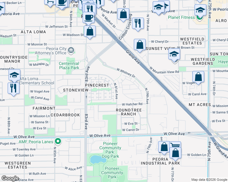 map of restaurants, bars, coffee shops, grocery stores, and more near 9575 North 81st Drive in Peoria