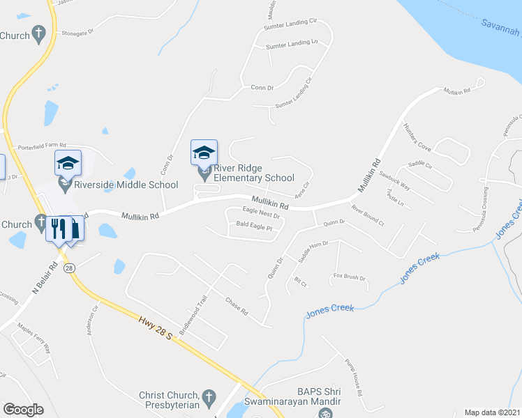 map of restaurants, bars, coffee shops, grocery stores, and more near 4135 Eagle Trace Lane in Evans