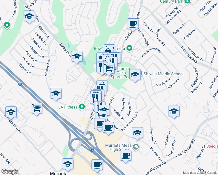 map of restaurants, bars, coffee shops, grocery stores, and more near 40644 California Oaks Road in Murrieta