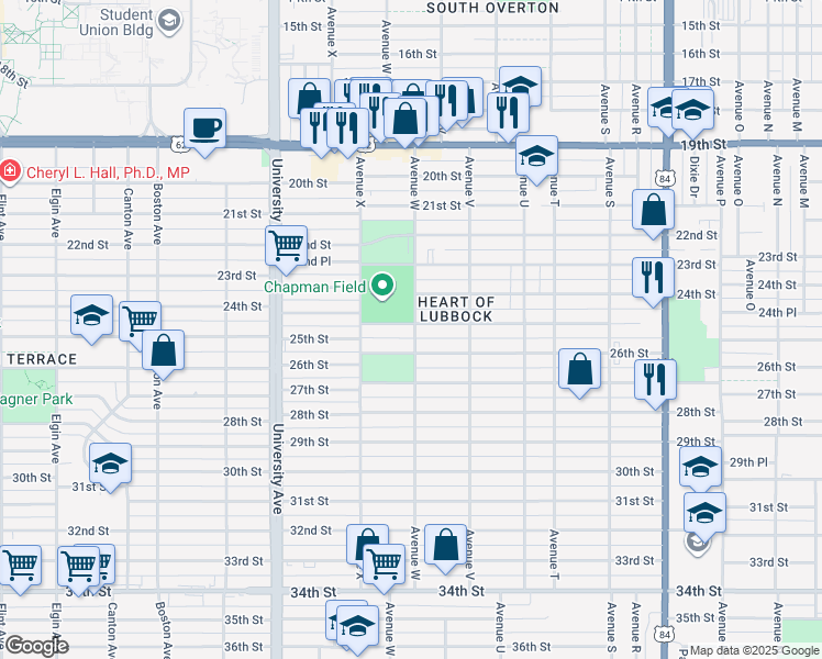 map of restaurants, bars, coffee shops, grocery stores, and more near 2301 25th Street in Lubbock