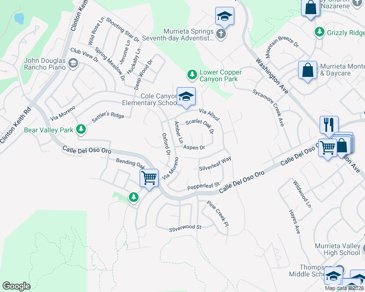 map of restaurants, bars, coffee shops, grocery stores, and more near 39785 Amber Lane in Murrieta