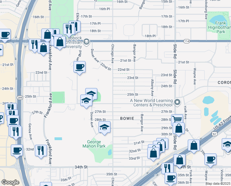 map of restaurants, bars, coffee shops, grocery stores, and more near 5427 25th Street in Lubbock