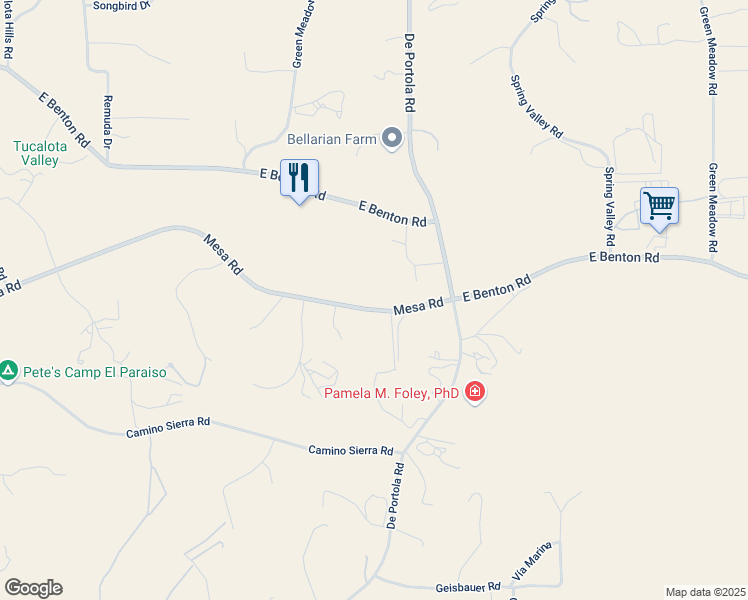 map of restaurants, bars, coffee shops, grocery stores, and more near 36875 Mesa Road in Temecula