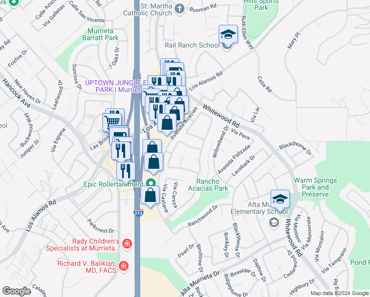 map of restaurants, bars, coffee shops, grocery stores, and more near 25085 Calle Viejo in Murrieta