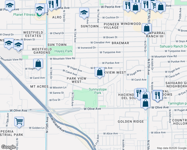 map of restaurants, bars, coffee shops, grocery stores, and more near 7108 West Carol Avenue in Peoria