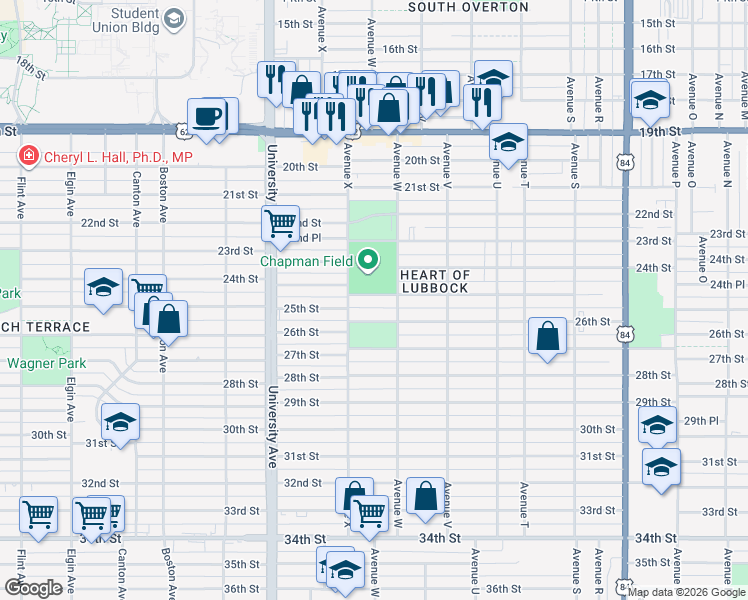 map of restaurants, bars, coffee shops, grocery stores, and more near 2313 25th Street in Lubbock