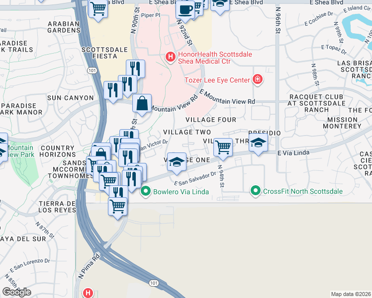 map of restaurants, bars, coffee shops, grocery stores, and more near 9460 North 92nd Street in Scottsdale