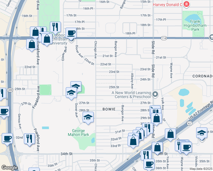 map of restaurants, bars, coffee shops, grocery stores, and more near 5414 25th Street in Lubbock