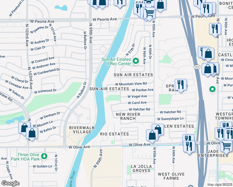map of restaurants, bars, coffee shops, grocery stores, and more near 9600 North 97th Avenue in Peoria