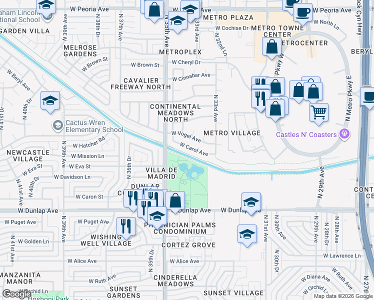 map of restaurants, bars, coffee shops, grocery stores, and more near 3403 West Carol Avenue in Phoenix